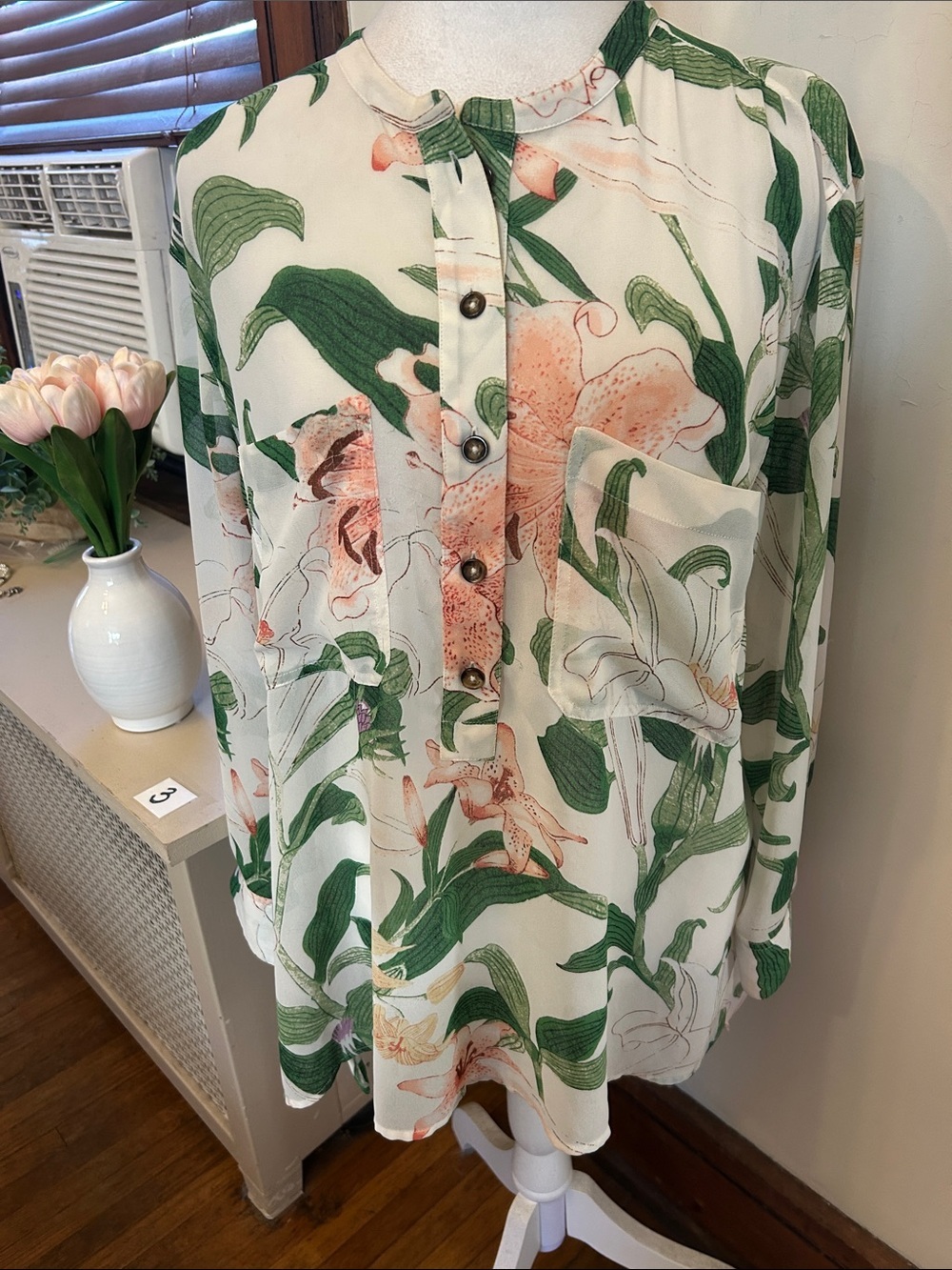 Ann Taylor Floral Button-Up sheer long sleeve blouse Size XL EUC